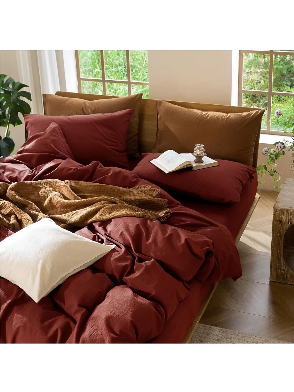 NEW MooMee 100% Washed Cotton Duvet Cover Set. Linen Like Texture, Rusty red